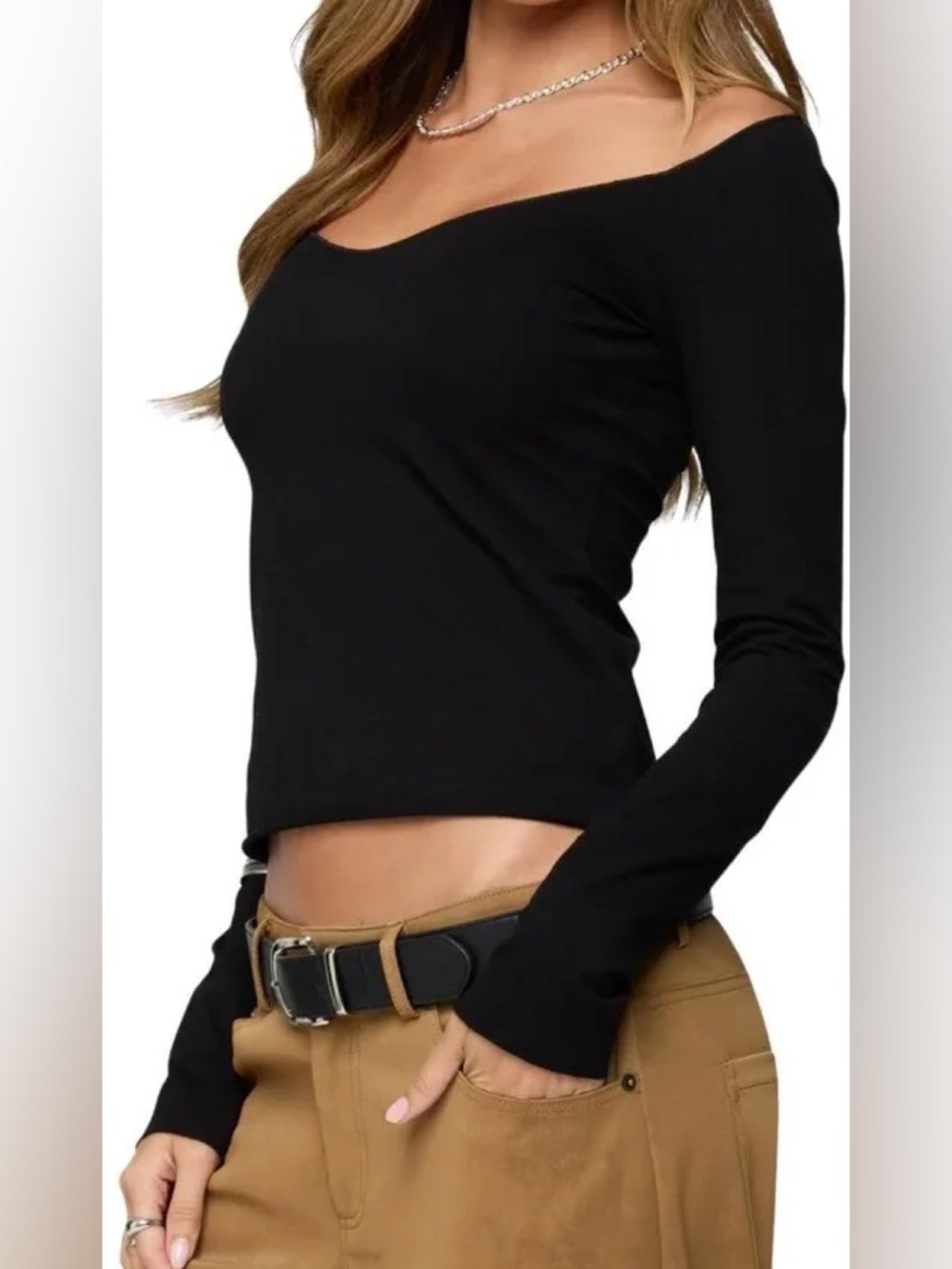 BLQ Basic off the shoulder long sleeve crop top